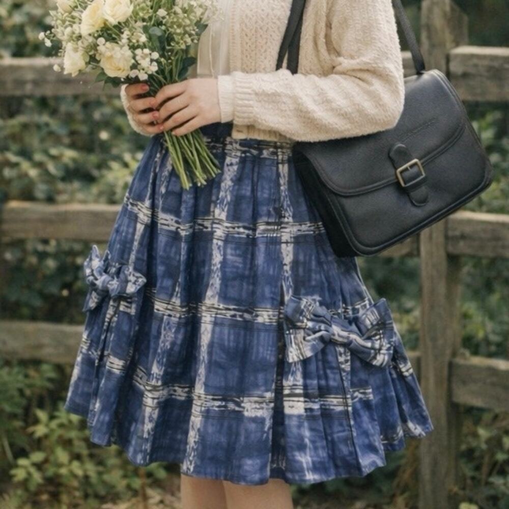 Y2K Anthropologie Lil Blue Plaid Pleated Large Bow Detail A-Line Skirt Size 4